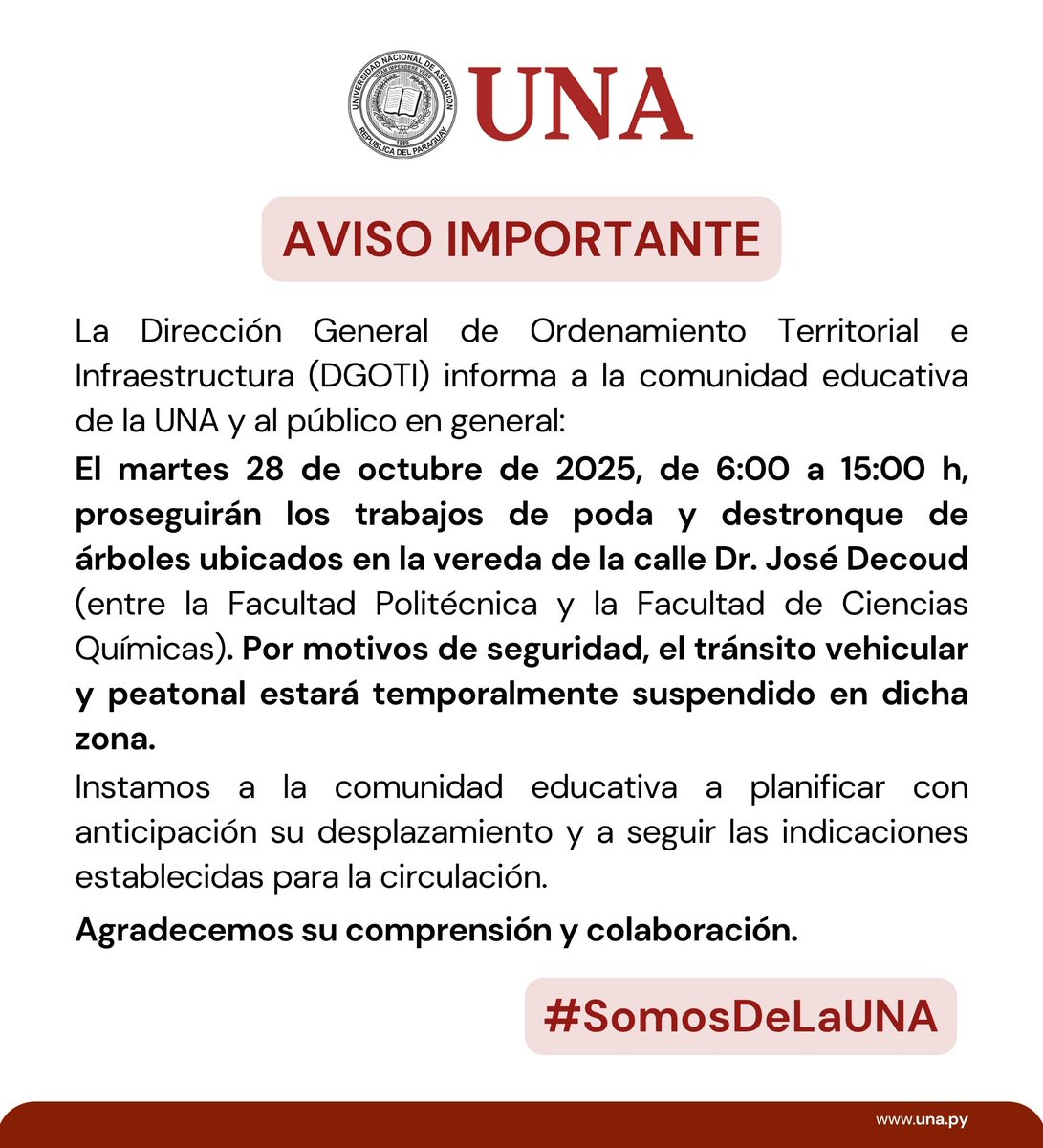 una_py's tweet image. ⚠️ | AVISO IMPORTANTE
Sobre trabajos de poda y destronque de árboles ubicados en la vereda de la calle Dr. José Decoud (entre la Facultad Politécnica y la Facultad de Ciencias Químicas) para el martes 28 de octubre, de 6:00 a 15:00 h.
#SomosDeLaUNA