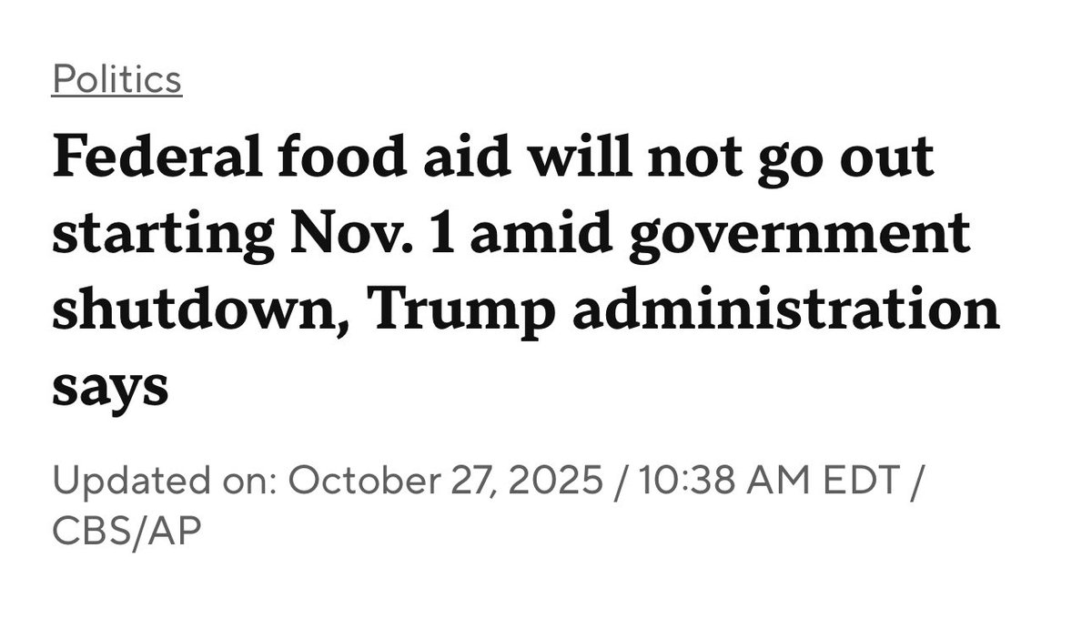 There is emergency funding available to protect SNAP. Trump could use it today to keep 42 million Americans fed heading into the holidays.   
 
Instead, they're letting families go hungry to make a political point.