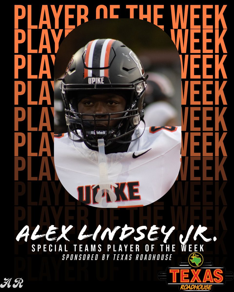 ⬛️🟧🐻SPECIAL TEAMS PLAYER OF THE WEEK⬛️🟧🐻

GIVE IT UP FOR ALEX LINDSEY JR

SPONSORED BY TEXAS ROADHOUSE

#bearnation #upikefootball #upike #bears
