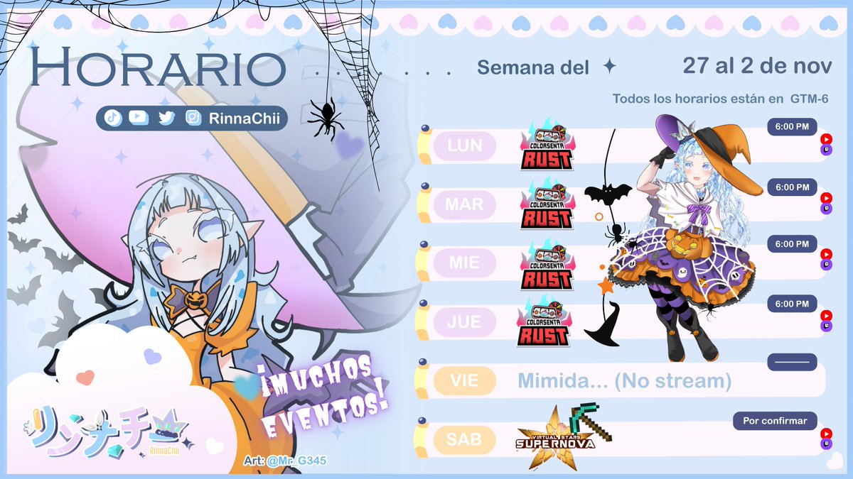 📅 HORARIO SEMANAL ‼

¡¡Esta semanita por fin nos incorporamos a ColorSenta RUST!! 🎉 Ya tenía tantas ganas de jugar 💥>u<💥 

Y comenzamos con la seríe de #VSSuperNova!! *ଘᕦ(ò_óˇ)ᕤ

🤍♡⃕    twitch.tv/rinnachii
🌺 ♡⃕    youtube.com/c/RinnaChii

💎! #vtuber