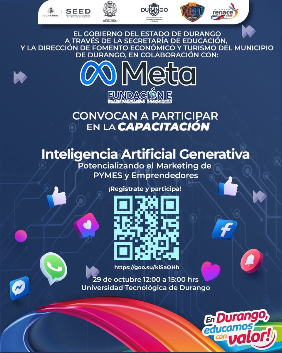 DMFEyT_Dgo's tweet image. 🌐 Te invitamos a participar en la Capacitación “Inteligencia Artificial Generativa… Potencializando el Marketing de PYMES y Emprendedores”.

🗓️Miércoles 29 de octubre 
🕐 12:00 a 14:00 
📍Universidad Tecnológica de Durango

📎 Regístrate en el código QR adjunto.