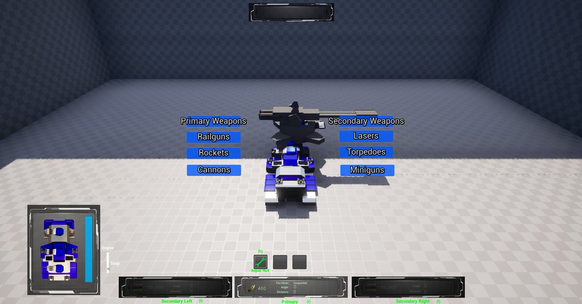 GamerNutter's tweet image. Mockup of the Main menu and Garage menu, where you&apos;ll be able to do all that juicy customization. 

Swap Out Weapons, Adjust Armor, Set Color Scheme.

#unrealengine #gamedev #solodev #indiedev #indiegame #mainmenu #customization #mockup #battlefortressterra