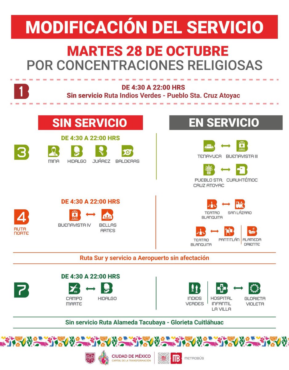 📢¡Mañana martes 28 de octubre prevé tu traslado!

Por concentraciones religiosas, el servicio de <a href="/MetrobusCDMX/">Metrobús CDMX</a> tendrá modificaciones de las 4:30 a las 22:00 horas en las Líneas 1, 3, 4 y 7. 🚌