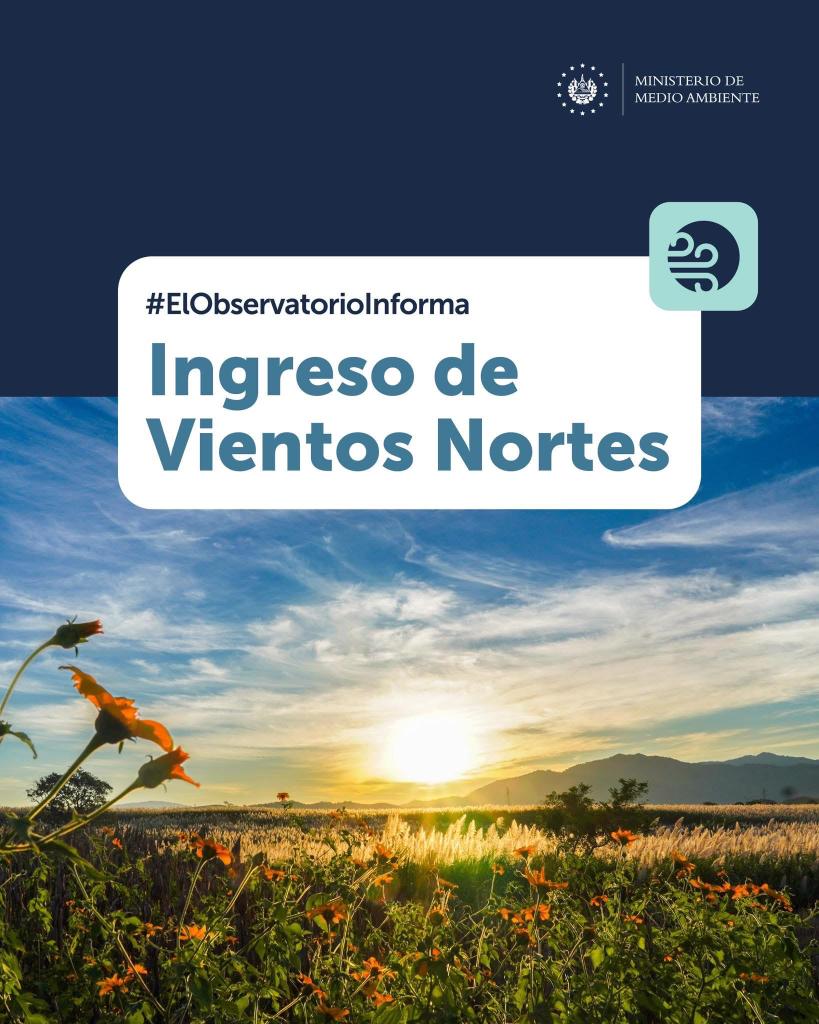 #ClimaSV|🍃<a href="/MedioAmbienteSV/">Ministerio de Medio Ambiente</a> informa que desde este lunes 27 de octubre se registra el primer ingreso de Vientos Nortes en el país. Estos vientos serán más fuertes en zonas altas, con ráfagas que podrían superar los 40 km/h, y se mantendrán durante gran parte de la semana