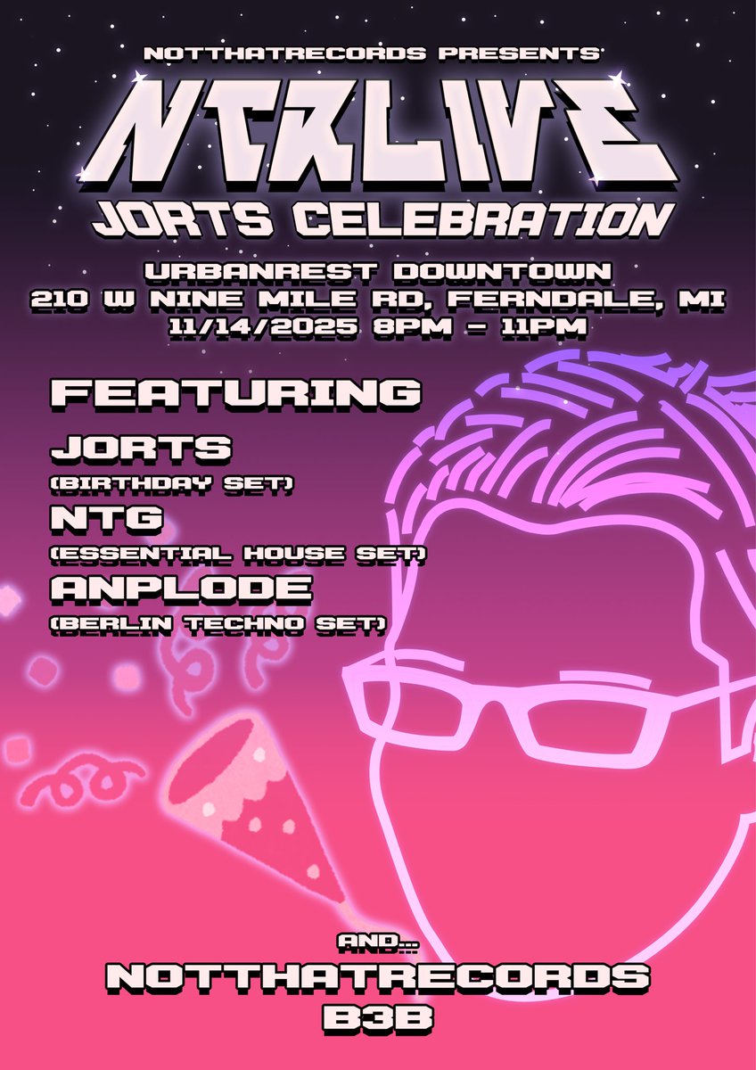 NotThatRecords returns to Urbanrest Downtown in Ferndale, MI on Friday Nov 14th to celebrate <a href="/jortswubs/">Jorts</a> birthday!!!

210 W 14 Mile Rd, Ferndale, MI
11/14/2025 @ 8PM - 11PM

Hope to see you there!
🎂🎂🎂🎉🎉🎉🥳🥳🥳