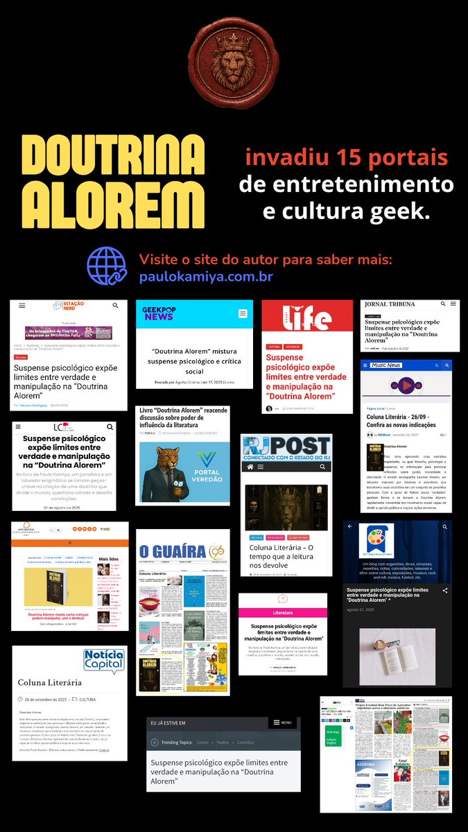 paulokamiya's tweet photo. "Doutrina Alorem: o livro proibido dos 7 Preceitos que destroem a sua vida" foi o centro de atenção em 15 portais de entretenimento e cultura geek . 📝Para saber mais, clique aqui:👉https://t.co/AOOXTiuhWA ✍️ #paulokamiya #doutrinaalorem #livrodesuspense #suspensepsicológico https://t.co/D4CSGRLyWg