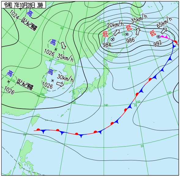 jr3rdh's tweet image. おはようございます。
10月28日 火曜日
03:00の天気図です。
こちらは晴れ、朝6時の外気温16.5℃、湿度64.4%です。
今日も冬型の気圧配置、北日本は暴風雪にご注意を。
ご安全に、良い一日をお過ごしください。