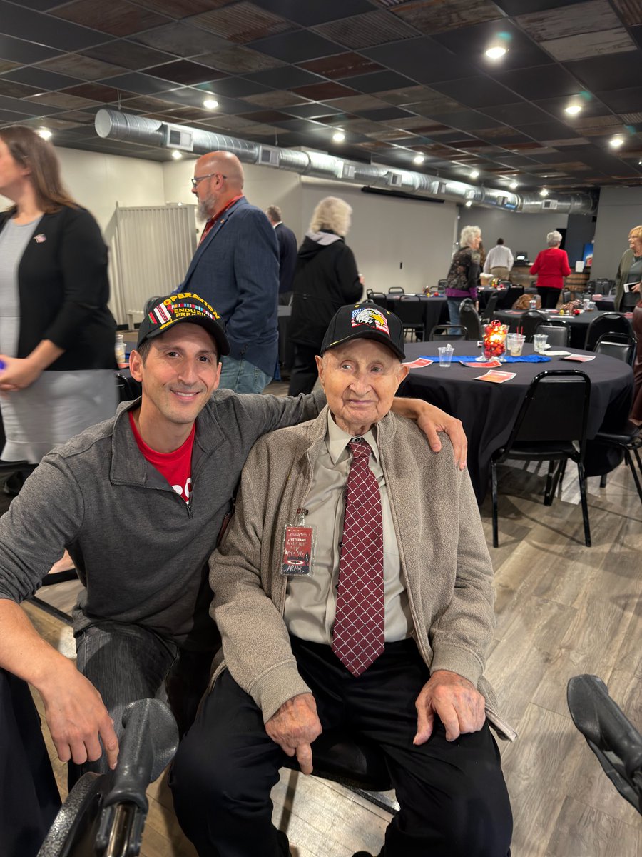 marcellstrbich's tweet photo. Highlight from the Crawford County Republican Veterans event with ⁦@VivekGRamaswamy⁩ was the honor I had of being seated next to WW-II Army Veteran who fought in Battle of the Bulge in 1944 PFC Wilmer ‘Lefty” Loy, at a young 100 years old! Wonderful family https://t.co/wsTrdeieOT