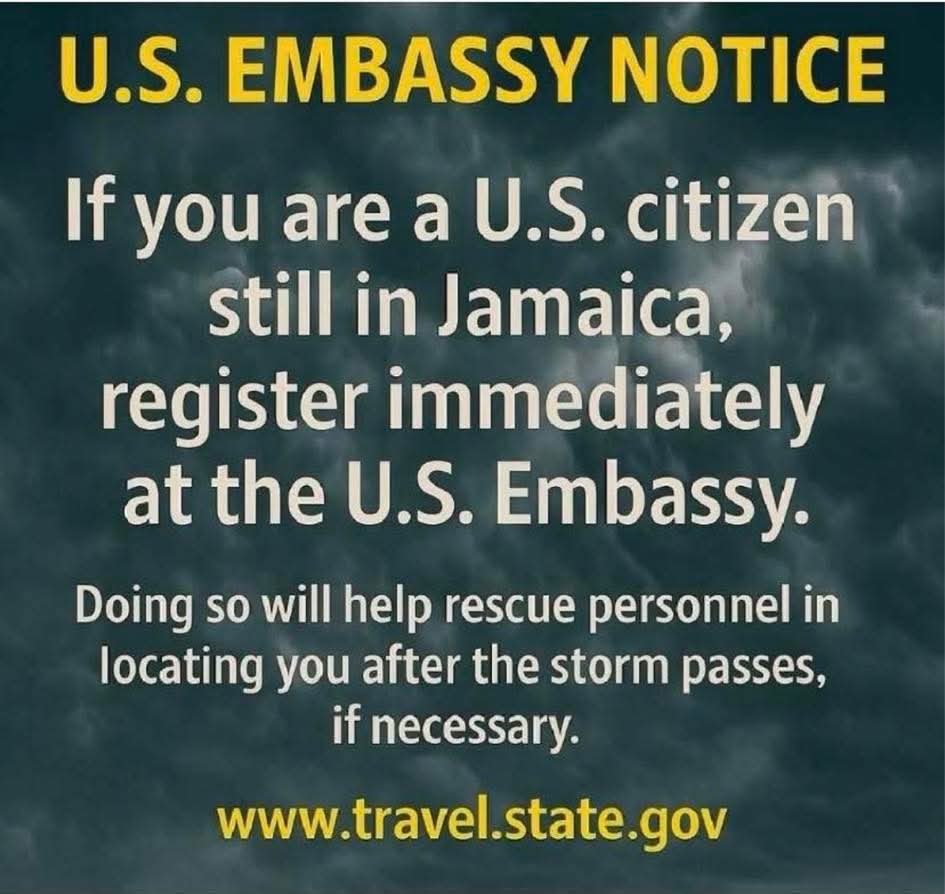 Cold40Ounce's tweet photo. IMPORTANT: If you know anyone stuck in Jamaica, register with the US embassy ASAP. This helps with rescue efforts after the storm. Likely there will not be communications so this will help to inform personnel of your whereabouts should you need rescue. https://t.co/NGdki902do https://t.co/oEMQt4ftvB