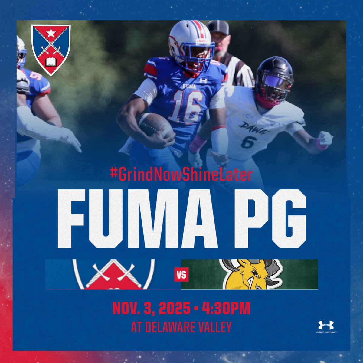 🏈 MONDAY, NOV. 3 | 4:30PM
<a href="/FUMAPGFootball/">Fork Union Military Academy Post Grad Football</a> 🔥 at <a href="/delvalfootball/">Del Val Football</a>
#GrindNowShineLater #BodyMindSpirit