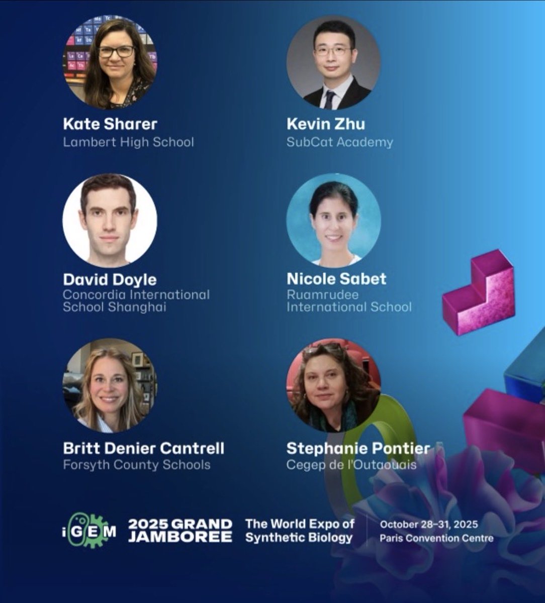 How do you set up for a successful iGEM High School Competition season?
Join “Sharing Best Practices for HS iGEM” <a href="/iGEM/">iGEM Headquarters</a> Grand Jamboree.
This panel will be moderated by <a href="/jastandeven/">Janet Standeven</a>, Director of High School for the iGEM Foundation. 🧬💚🧬
<a href="/FCSchoolsGA/">Forsyth County Schools</a> 
#TheForsythWay 
#iGEM2025