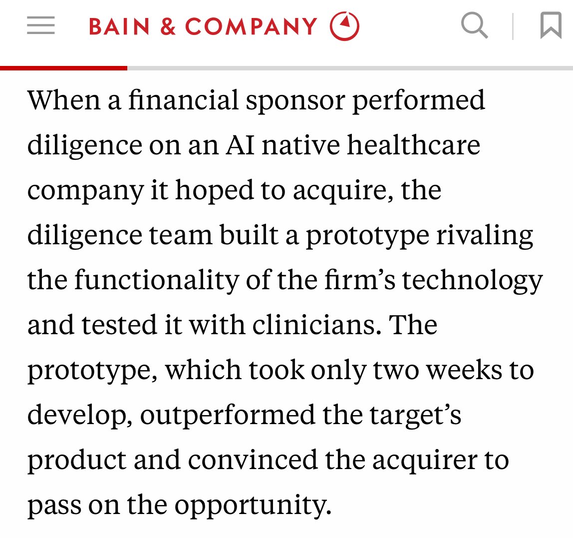 TheIcahnist's tweet image. Terrifying Reality of 2025

Financial sponsor built a prototype in 2 weeks during diligence on an AI-healthcare company. 

Prototype outperformed the target’s core product in clinician testing. 

Deal killed.