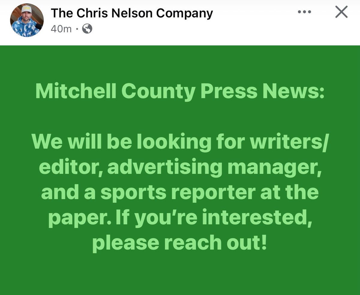 If any Iowa based friends and followers are looking for a great opportunity, <a href="/1ChrisNelson/">Chris Nelson 🎥📈📰💡🌪</a> is assembling an editorial staff at the Mitchell County Press News in Osage.

#journalismjobs