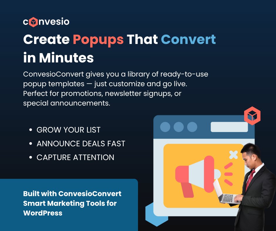 convesio's tweet image. 💬 Launch popups that actually convert.

With ConvesioConvert, choose from ready-made templates — customize &amp;amp; go live in minutes.
convesio.com/convert/popup-…

#Convesio #ConvesioConvert #PopupDesign