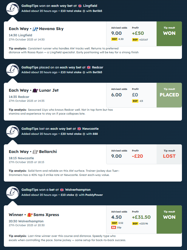 🏇 BLACK FRIDAY – PREMIUM FREE WEEKLY GALLOPTIPS 
Discipline, analysis &amp; daily results 
Join now: t.me/GallopTips 
#Lingfield #HorseRacing #UKRacing #BettingTips #SportsBetting #RacingTips #UKHorses #DailyTips #BettingExpert #HorseTips #apuestasdeportivas