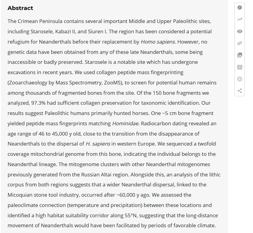 A new late Neanderthal from Crimea reveals long-distance connections across Eurasia

Genetically, Star 1 is closely related to Neanderthals from the Altai via its mitochondrial DNA, suggesting long-range migrations of Neanderthal groups across Eurasia.

pnas.org/doi/full/10.10…