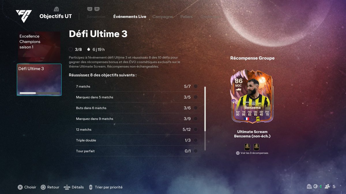 Défi Ultime c’est vraiment mon mode préféré. Équipes variées, belles récompenses à la clé.

Juste dommage de devoir valider que 8 défis sur 10, y’a des 83+ x10 qui se perdent du coup…

À moins qu’il y ait une strat pour recup les meilleurs packs mais flemme de cogiter j’avoue.