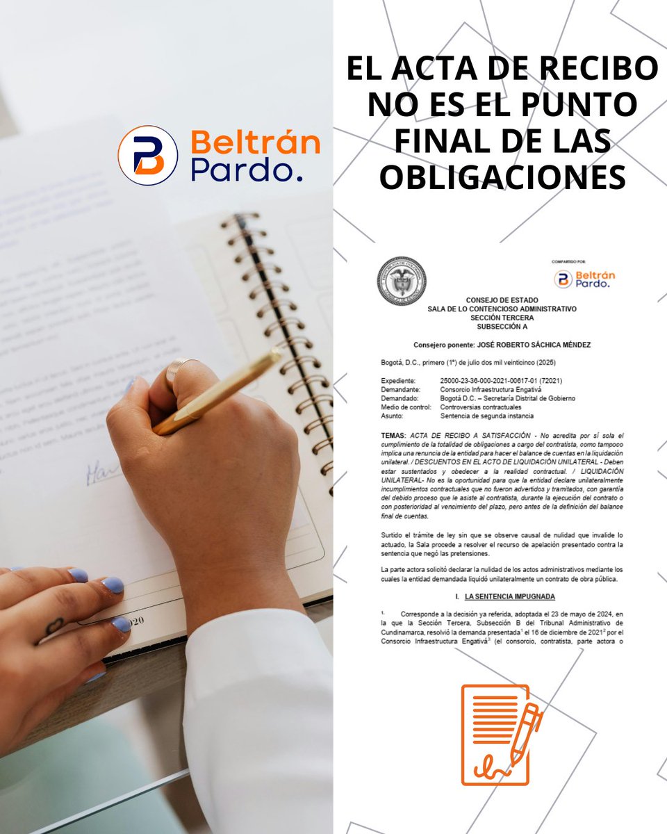 🏗 EL ACTA DE RECIBO NO ES EL PUNTO FINAL DE LAS OBLIGACIONES

El Consejo de Estado⚖ aclara que el acta de recibo final solo certifica la conformidad de la obra 🏢 con lo pactado 📜 y las normas técnicas ⚙ aplicables, pero no exime al contratista 👷‍♂ de su responsabilidad por