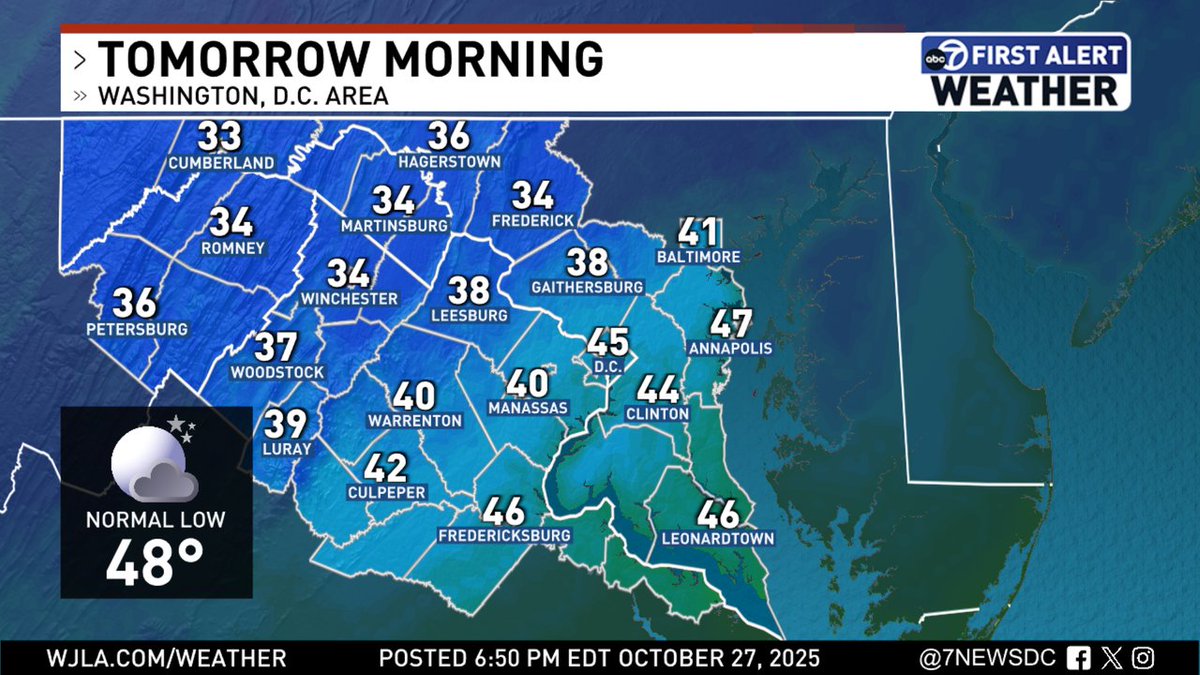 Tonight's forecast low temperatures around the DMV.