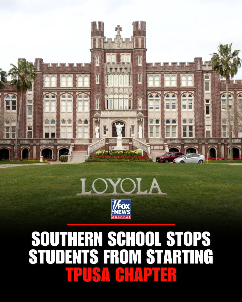 FoxNews's tweet photo. CAMPUS CLASH: Loyola University New Orleans’ student government voted to deny official recognition for a new Turning Point USA chapter, blocking the group from accessing campus resources after opponents labeled founder Charlie Kirk a bigot. https://t.co/kzGbSTqVim