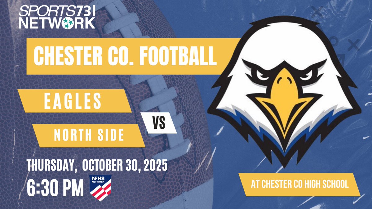Sports731 Network (@sports731net) on Twitter photo GAME ALERT: ๐
<a href="/CCEagleAthletic/">Chester Co Athletics</a> Football is back at home this week taking on North Side!
Coverage begins at 6:30 with the voice of the Eagles, Ray Pack and lead analyst, Drey Duncan on the call! 
Come out and support the Eagles or tune in with us below!
๐บWatch: GAME ALERT: ๐
<a href="/CCEagleAthletic/">Chester Co Athletics</a> Football is back at home this week taking on North Side!
Coverage begins at 6:30 with the voice of the Eagles, Ray Pack and lead analyst, Drey Duncan on the call! 
Come out and support the Eagles or tune in with us below!
๐บWatch: