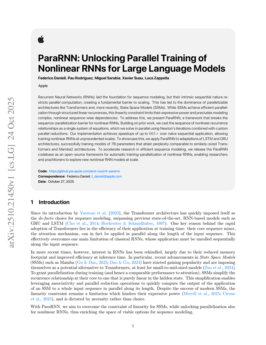 rosinality's tweet image. Parallel computation of nonlinear RNNs by turning application of RNN over sequence of length L into L nonlinear equations and solving it with Newton's method. If we can afford nonlinearities in RNNs then it could completely change state space model related work.