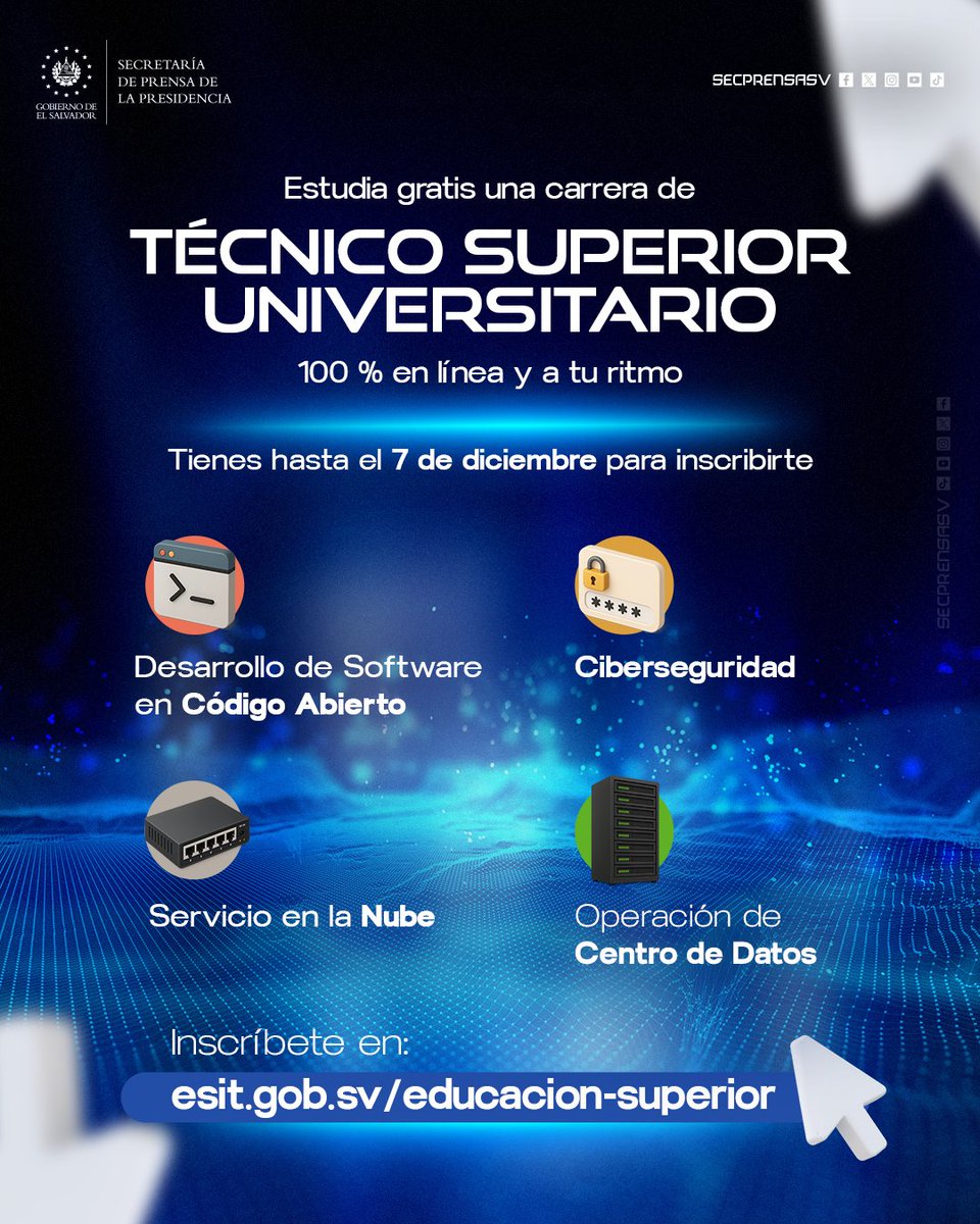 SecPrensaSV's tweet image. #ESIT | ¿Quieres estudiar en línea? La Escuela Superior de Innovación y Tecnología (@esitgobsv) pone a disposición cuatro opciones: Técnico Superior Universitario en Ciberseguridad; Servicios en la nube; Operación en centro de datos; y Desarrollo de software en código abierto.…