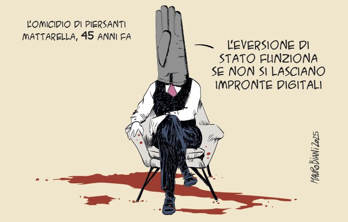 L'#omicidio di #PiersantiMattarella, #45anni fa 
L'#eversionedistato funziona se non si lasciano impronte digitali 

#Biani !❣️

Già...🤬 

#CompromessoStorico 
#Italia #paesedemocratico...😞 

Progetto #Gelli 

<a href="/maurobiani/">Mauro Biani</a> 
<a href="/repubblica/">Repubblica</a>
