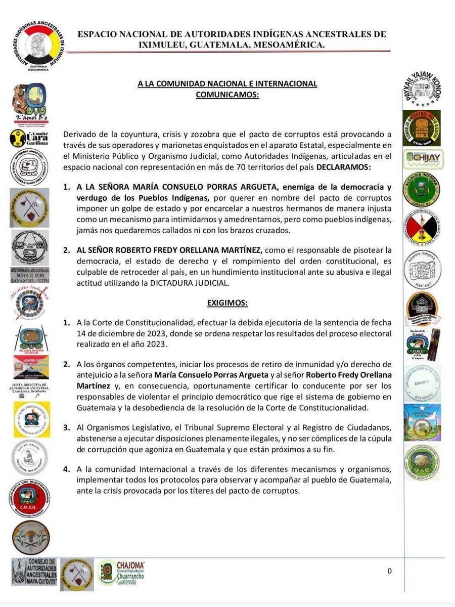 MarielosMonzon's tweet image. Las autoridades de los #PueblosIndígenas exigen iniciar el proceso de retiro de inmunidad de Consuelo Porras y Fredi Orellana y llaman a articular un Frente contra la dictadura judicial y el golpe de Estado técnico.
Advierten de acciones contundentes en defensa de la democracia👇