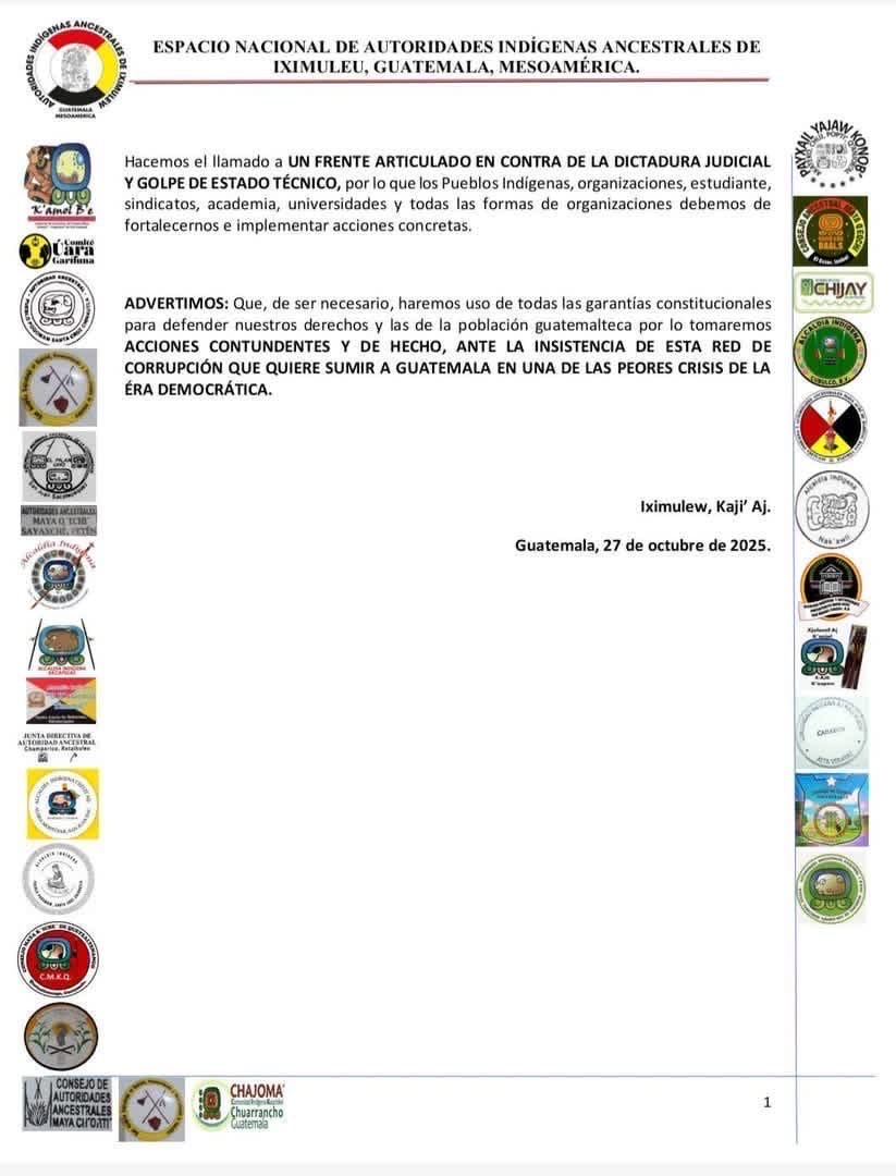MarielosMonzon's tweet image. Las autoridades de los #PueblosIndígenas exigen iniciar el proceso de retiro de inmunidad de Consuelo Porras y Fredi Orellana y llaman a articular un Frente contra la dictadura judicial y el golpe de Estado técnico.
Advierten de acciones contundentes en defensa de la democracia👇