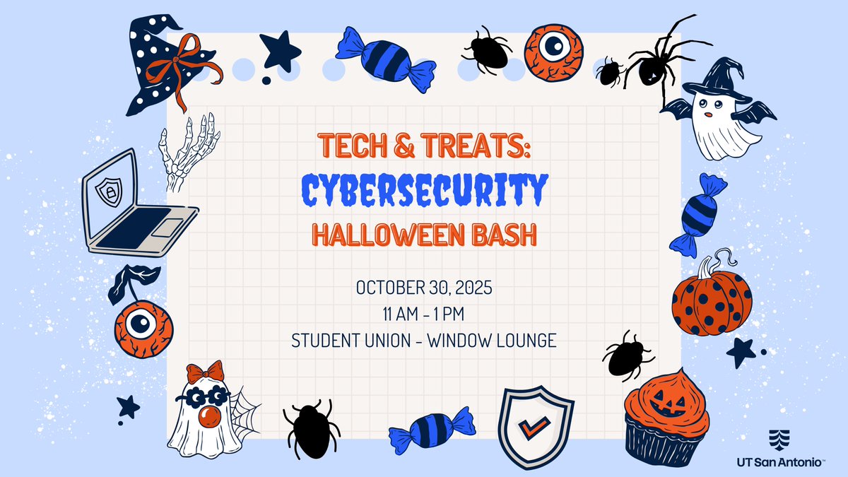 UTS_UTSA's tweet image. Hey &apos;Runners! Join us for a spooktacular Tech &amp;amp; Treats bash! Learn to stay cyber-aware while enjoying Halloween fun, snacks &amp;amp; tech tips from Tech Café &amp;amp; Tech Solutions. 👻💻 #CybersecurityAwarenessMonth #TechSolutions #TechCafé