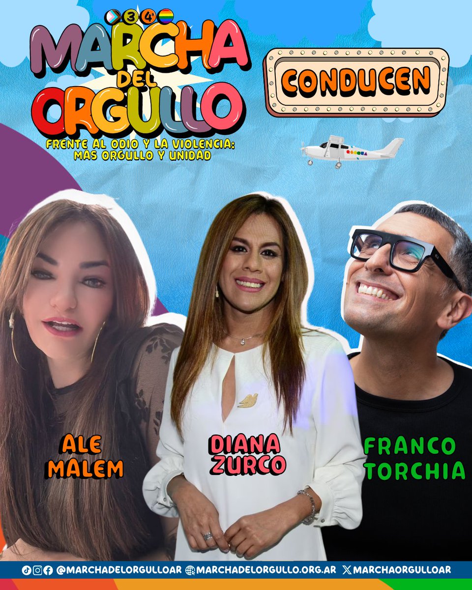 🔴🟠🟡🟢🔵🟣 ¡Elles son conductores del #Orgullo2025! 
Dos escenarios, muchas voces, ¡una Marcha que late fuerte! 🌈💥

🎶 Escenario Carlos Jáuregui (Congreso)
🟢 Diana Zurco
🔵 Franco Torchia
🟣 Ale Malem