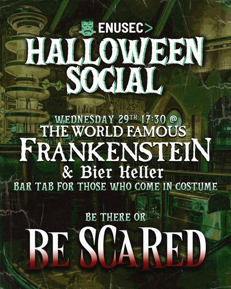 enusec's tweet image. After the session, ENUSEC will be heading to Frankenstein&apos;s for our Halloween celebration.

- Costumes encouraged
- Access to bar tab for those in costume
- Inter-society competition
- Good times

Be there, or be scared!