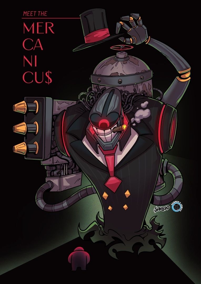 HammersComics's tweet photo. Inspired by @FlashgitzAnims #spaceking  series, I've made the manufacturing equivalent of the Mechanicus, the Mercanicus, which sells sets of wargear and merch at extremely hiked up prices, art by @shinjoart https://t.co/1Osoka3PVM