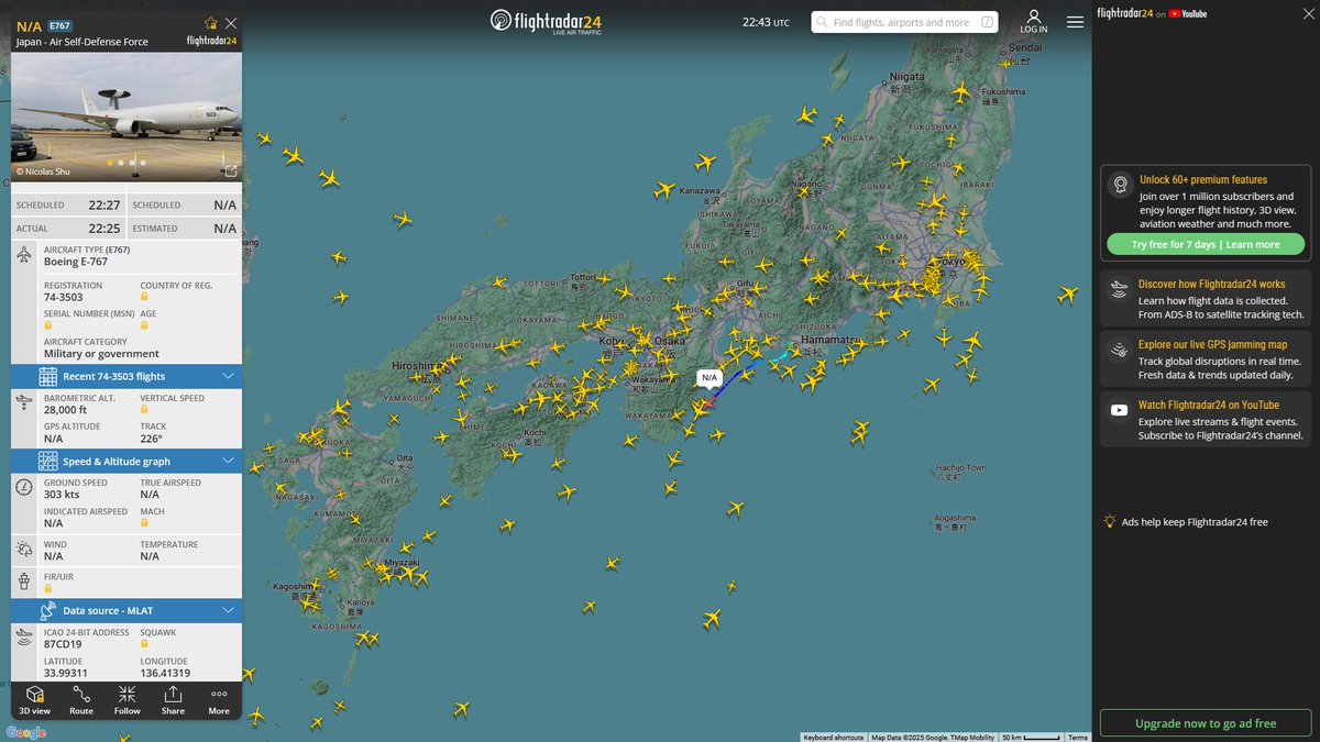 AIYeyENGDdJkjTr's tweet photo. Oct. 28, 2025
#JASDF Hamamatsu Base ==> #South sea of Japan
#NoCALLSIGN #87CD19 JASDF E-767 AWACS https://t.co/otXqM3ogcG