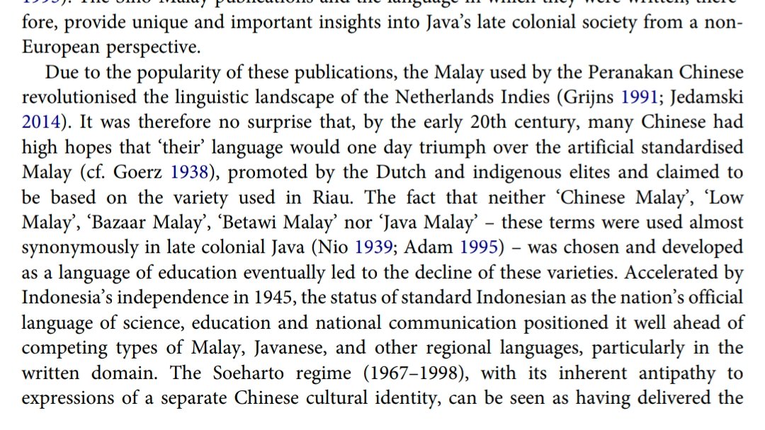 Chinese Indonesian publications were particularly ardent promotors of Bazaar Malay, as opposed to the engineered Indonesian standard ostensibly based on Riau Malay...

Regardless, modern Indonesian still incorporates a huge amount of Bazaar Malay lexicon!