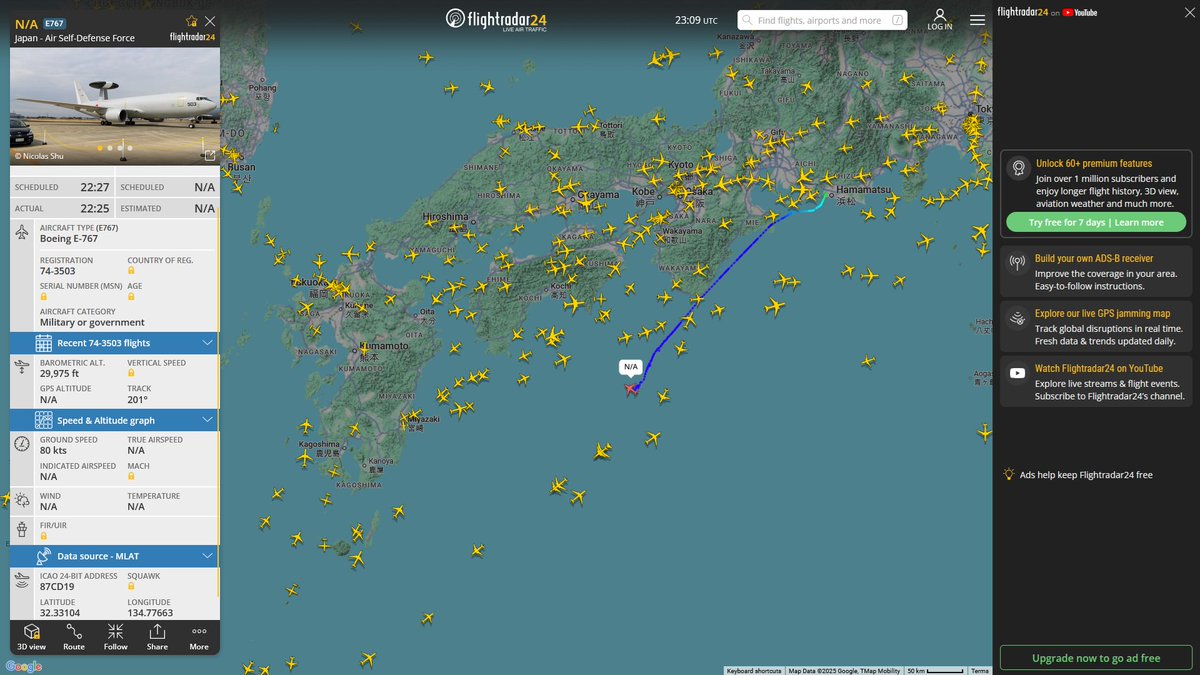 AIYeyENGDdJkjTr's tweet photo. Oct. 28, 2025
#JASDF Hamamatsu Base ==> #South sea of Japan
#NoCALLSIGN #87CD19 JASDF E-767 AWACS https://t.co/otXqM3ogcG