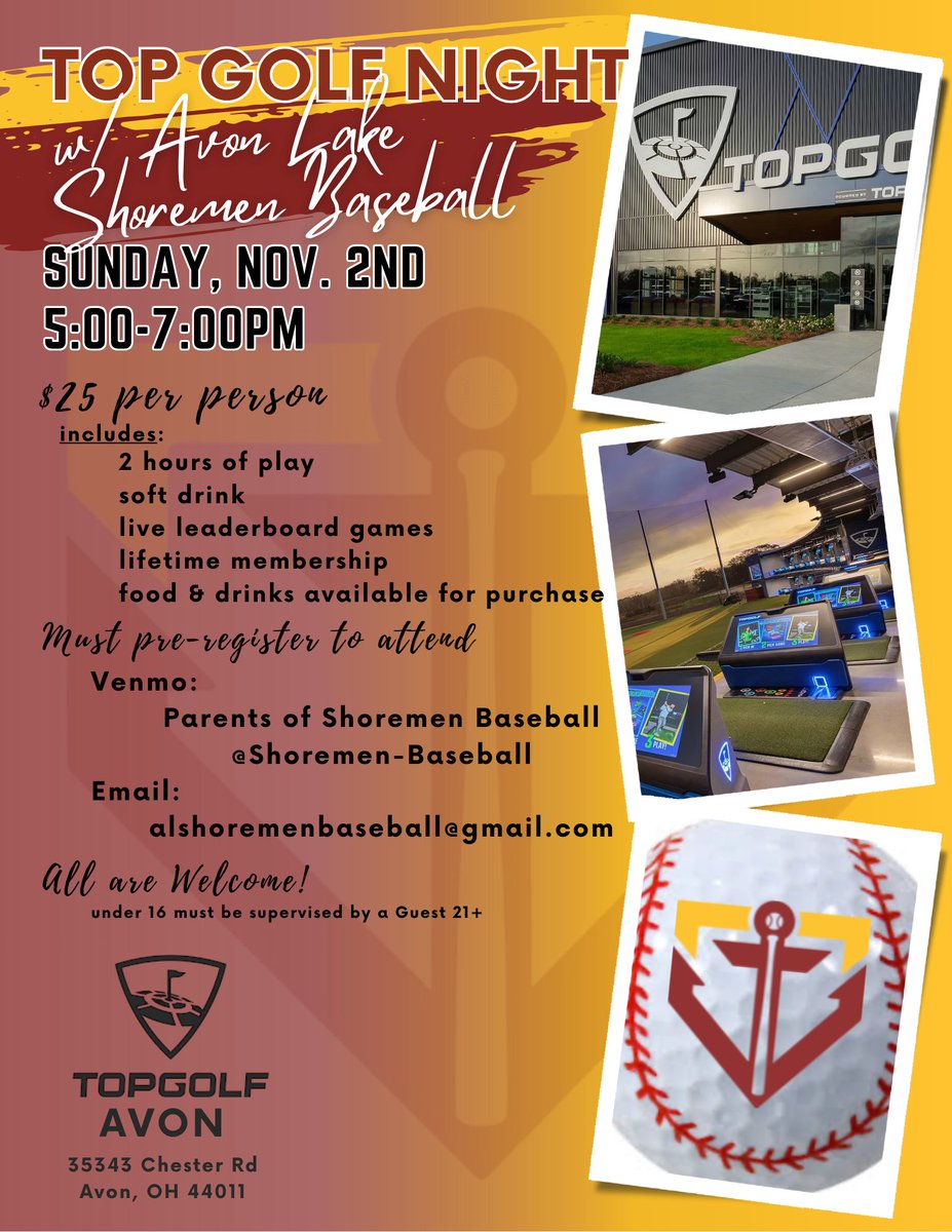 ALDiamondClub's tweet photo. Join Shoremen Baseball on Sunday, Nov. 2nd at TopGolf!  $25 per person for 2 hours of golf, games, and more!  All are welcome! Venmo: @ Shoremen-Baseball or email: alshoremenbaseball@gmail.com to reserve your spot by Wednesday night at 9pm! https://t.co/ZtztiE2bB3