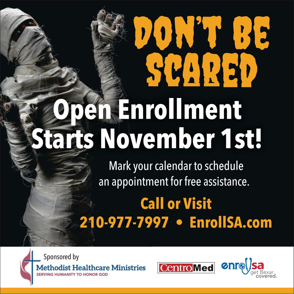 🎃 Don’t be scared — Open Enrollment starts November 1st! 👻
Get covered with free assistance — our Navigators are here to help! 💙
📞 Call us or 💻 visit EnrollSA.com to schedule your appointment today!
#EnrollSA #OpenEnrollment #HealthCoverage #SanAntonio #GetCovered