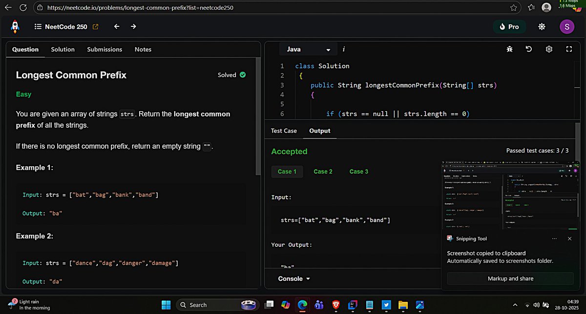 DEV_Shivam3224's tweet image. Day 31 Of Hustle #100DaysOfCode

Solved 3 problems from NeetCode 250 👇

1.Valid Anagram → used count array (size 26). All zeros = anagram ✅

2.Two Sum → switched from two pointers to HashMap (works for unsorted + duplicates) ⚡

3.Longest Common Prefix.
#neetcode
