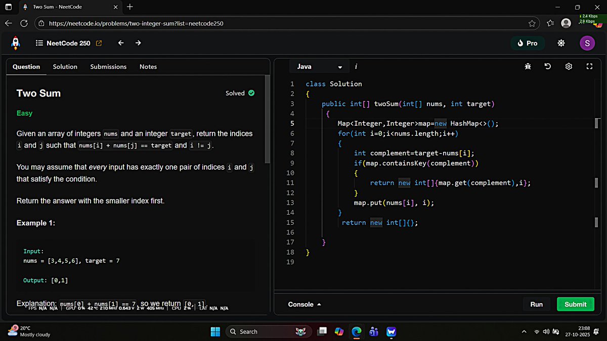 DEV_Shivam3224's tweet image. Day 31 Of Hustle #100DaysOfCode

Solved 3 problems from NeetCode 250 👇

1.Valid Anagram → used count array (size 26). All zeros = anagram ✅

2.Two Sum → switched from two pointers to HashMap (works for unsorted + duplicates) ⚡

3.Longest Common Prefix.
#neetcode