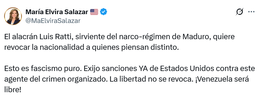 ImpactoVE's tweet photo. 🇺🇸 SALAZAR EXIGE SANCIONES CONTRA LUIS RATTI

La congresista @MaElviraSalazar calificó a @luisratti_ve como “sirviente del narco-régimen de Maduro” y tildó de “fascismo puro” su intento de revocar la nacionalidad a opositores. 

“La libertad no se revoca. ¡Venezuela será libre!” https://t.co/n5g81D4tBl