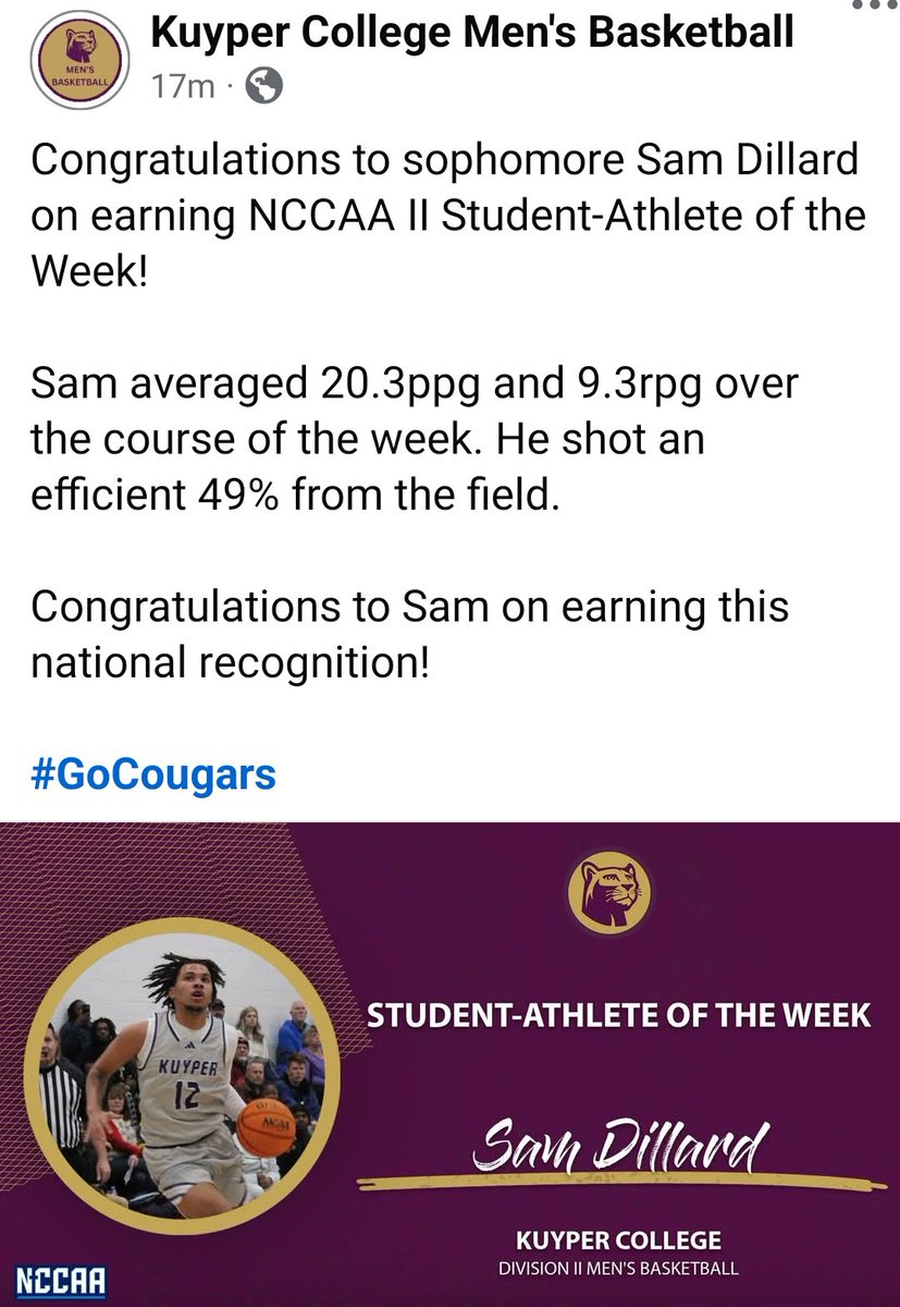 Congrats Sam on earning this National recognition, NCCAA II Student-Athlete of the Week!
<a href="/samdillardll/">Sam Dillard ll</a>