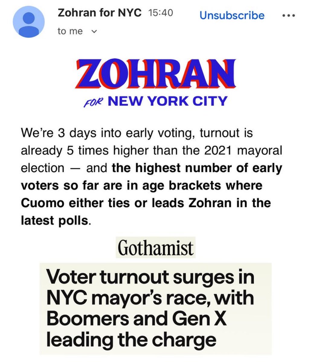 BREAKING: Zohran Mamdani’s campaign has sent an email to their supporters, expressing serious concern, after early voting numbers surged for age brackets heavily indexed towards Andrew Cuomo.

This race is far from over. Get out to vote!