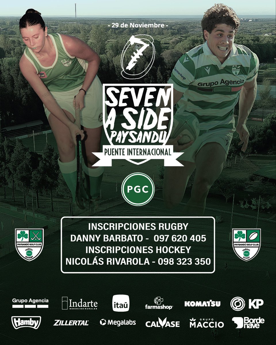 🏉 ¡Vuelve el Seven a Side! 
Este 29 de noviembre los esperamos a todos para vivir la 23ª edición del seven de Paysandú! ☘️

Por inscripciones de rugby o hockey, toda la información necesaria está en la publicación.