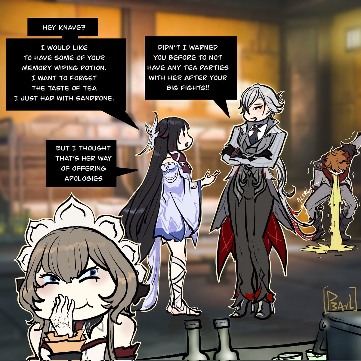 PBArtotaku's tweet photo. Revenge Tea Parties (Comic by me)
#genshinfanart #hoyocreators #PBArt #genshinmemepact #Genshincomic #GenshinImpact #Sandrone #Arlecchino #Columbina #Childe https://t.co/ZWEVNZDr39