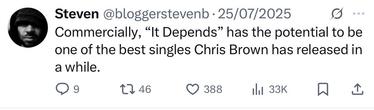 bloggerstevenb's tweet image. Some people said I was crazy for posting this. Yet, it’s now his highest charting song on the Hot 100 since “Under the Influence”.
