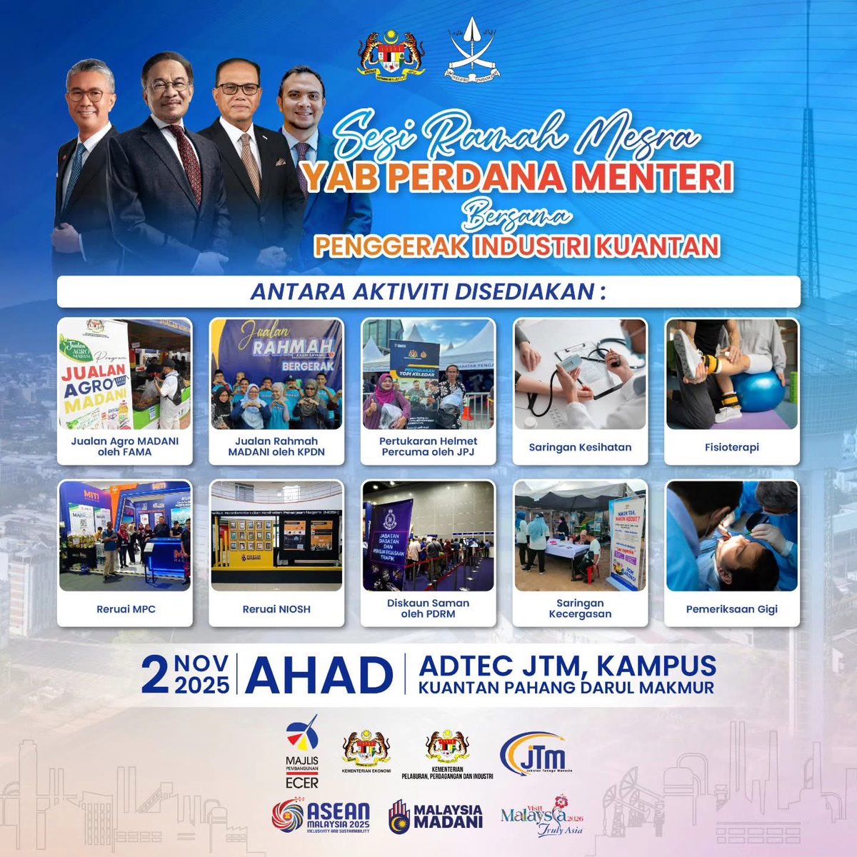 farhanfauzi_my's tweet image. Saya mengajak rakan-rakan penggerak industri, warga Indera Mahkota dan anak-anak muda untuk sama-sama hadir ke Sesi Ramah Mesra YAB Perdana Menteri @anwaribrahim bersama Penggerak Industri Kuantan.

📅 Ahad, 2 November 2025
🕓 2:30 petang
📍 ADTEC JTM, Kuantan

Majlis ini bukan…