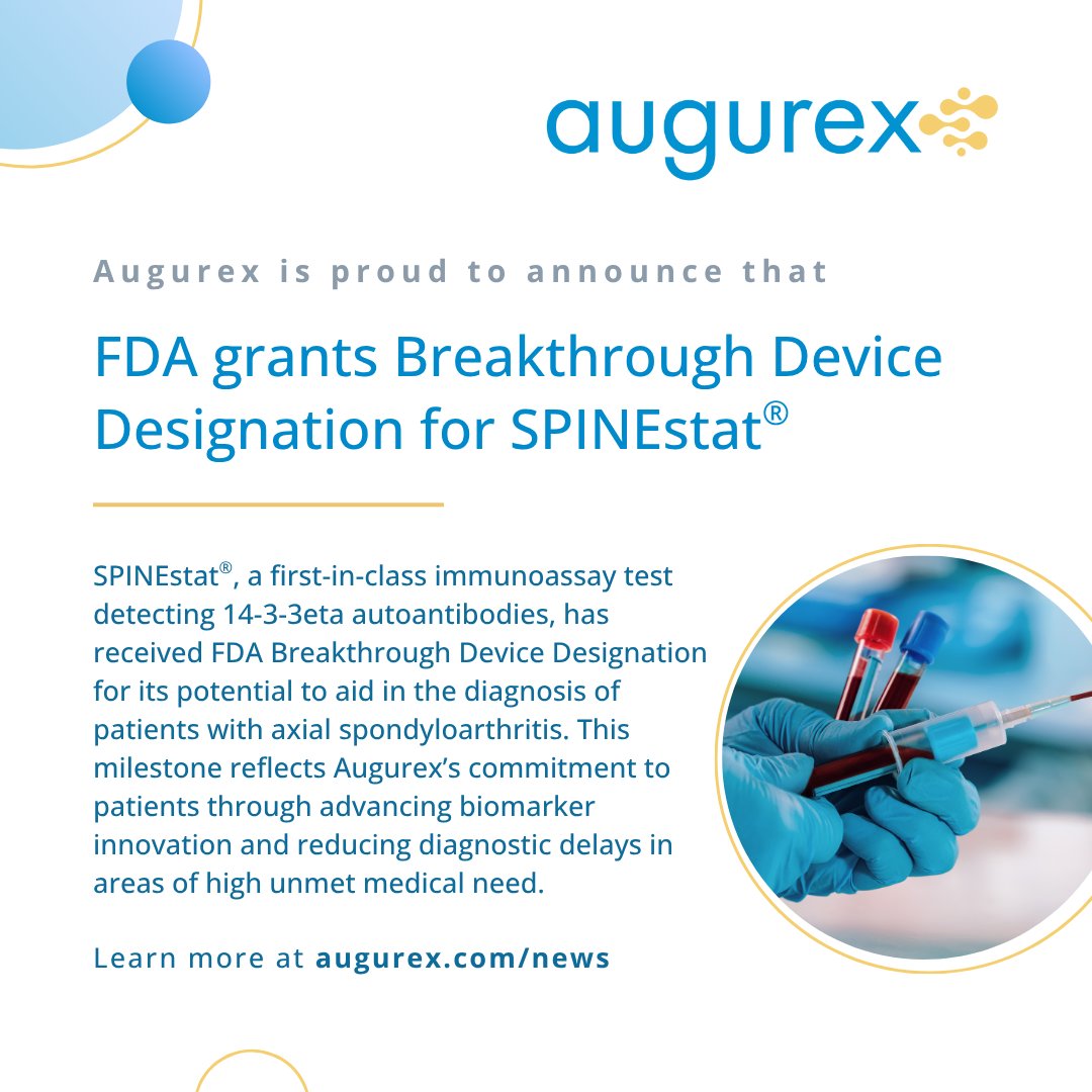 The FDA has granted Breakthrough Device Designation for SPINEstat®, Augurex’s first-in-class test for #axSpA, recognizing its potential to aid in the clinical decision-making and diagnosis of patients with axSpA. Learn more: augurex.com/augurex-life-s…