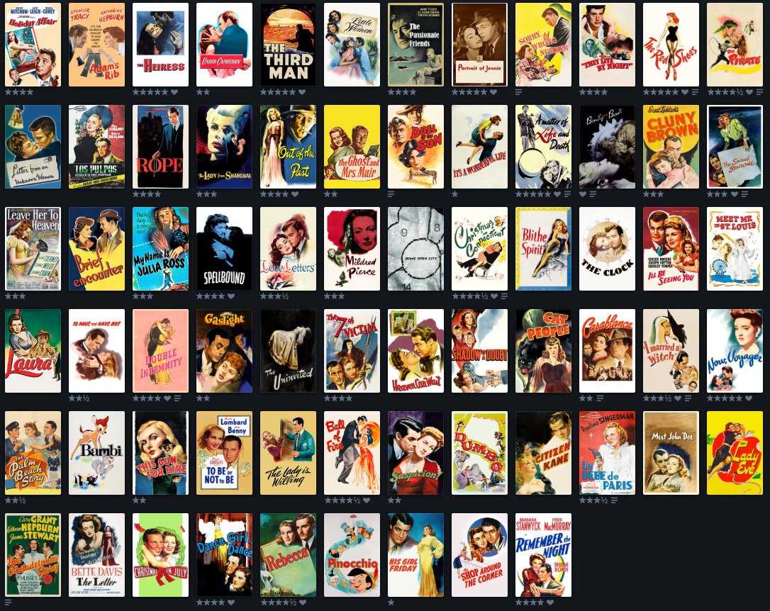 todas las pelis de los 30 y 40 que vi!! pensar que hace un año y medio tenía bambi y pinocho nomás